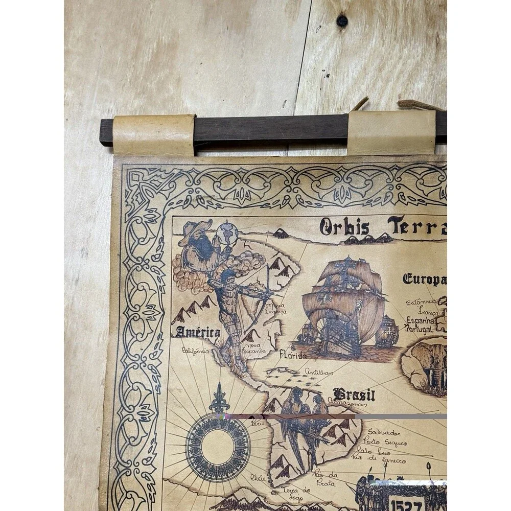 Vintage Leather World Map Wall Hanging decor Orbis Terrarum 1527 Pyrography 29.5